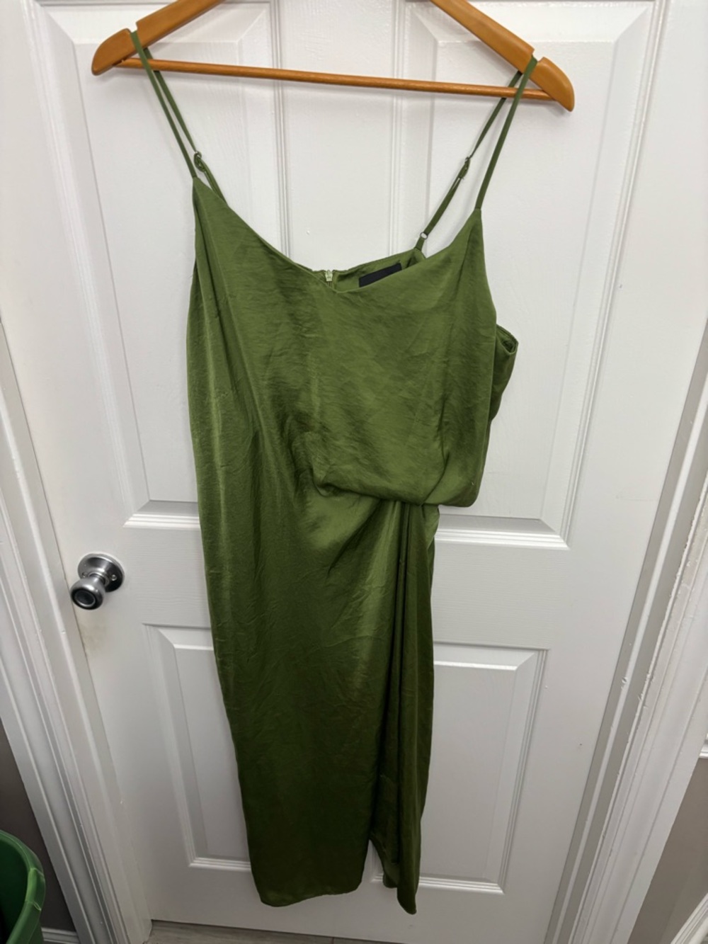 Lucy Paris Olive Green Satiny Midi Sleek Sultry Slip Dress, Adjustable Straps, M